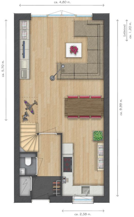 rechthoekige woonkamer inrichten plattegrond-2-gratis